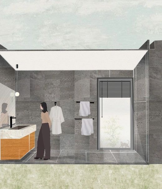 Baño moderno con mujer frente al lavabo