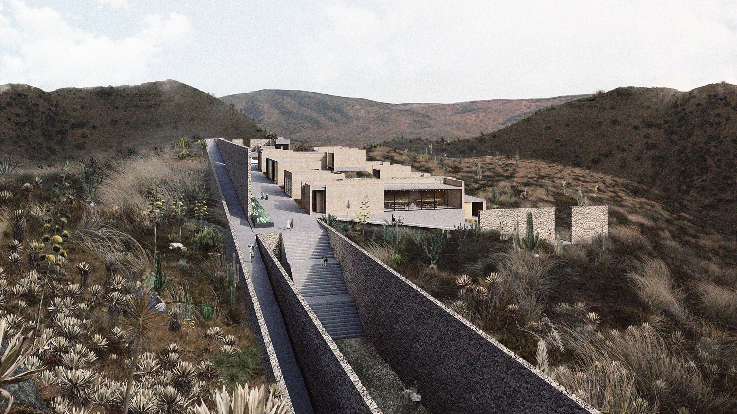 Arquitectura moderna en paisaje desértico con escaleras largas