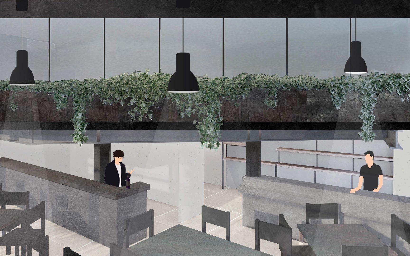 Interior moderno de café con plantas colgantes y clientes