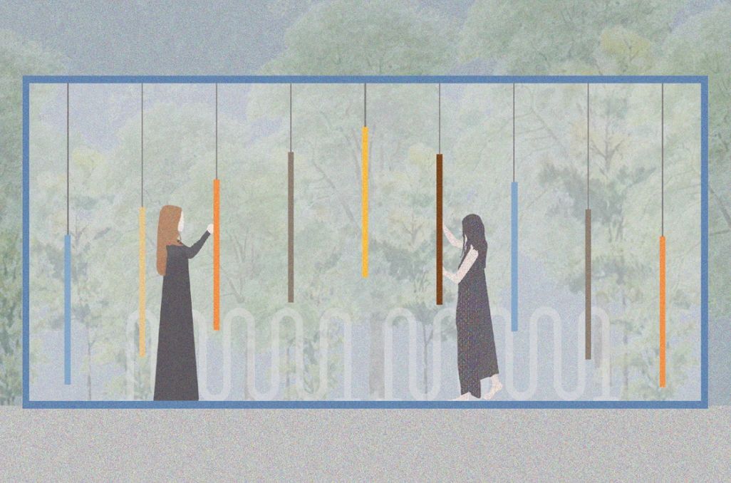 Dos mujeres interactuando con barras colgantes de colores