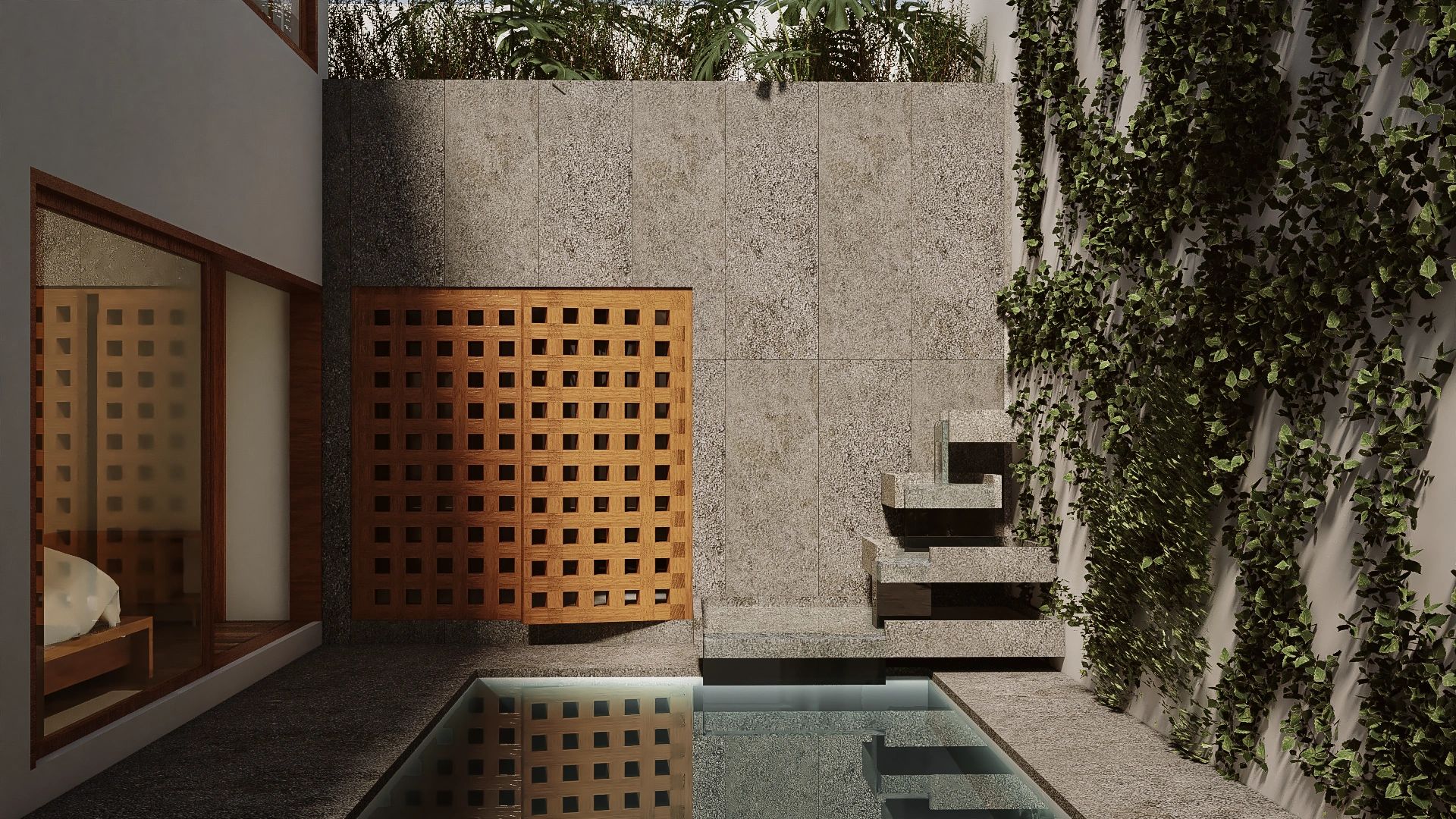 Patio moderno con piscina y vegetación en la pared